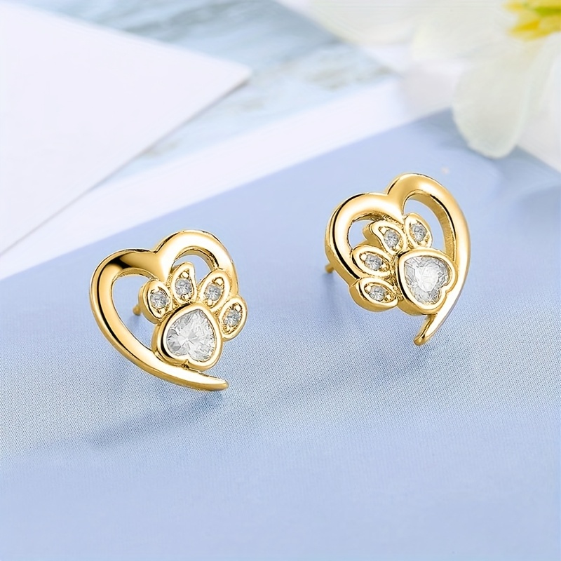 E-shop 2er-Set Elegante herzförmige Katzenpfoten-Ohrringe für Damen, Set mit Kupfer, synthetischem Zirkon, kreative Tierpfoten--Ohrringe, Thanksgiving