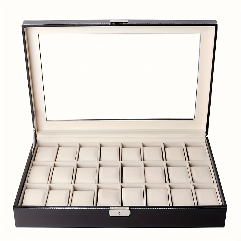luxury   leather watch storage box with 24 slots large capacity black rectangular   lined interior secure closure for watches and bracelets watch storage case elegant watch box soft lined interior watch accessories