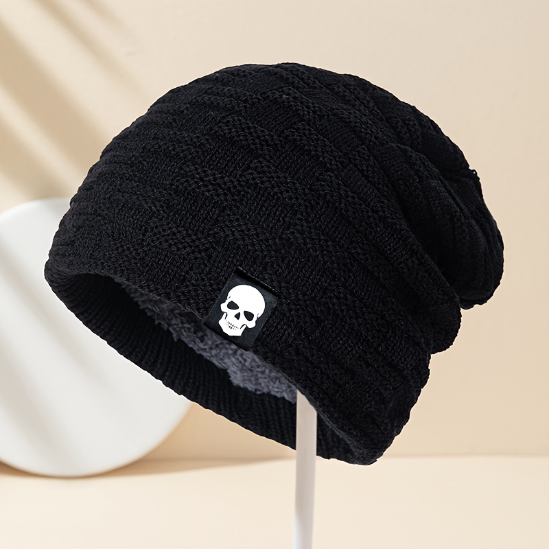 E-shop Klassische Unisex Mütze mit kleinem Logo, Schädel, verdickte Strickmütze, warme, winddichte, karamellfarbene Mütze, Herren Damen Herbst Winter