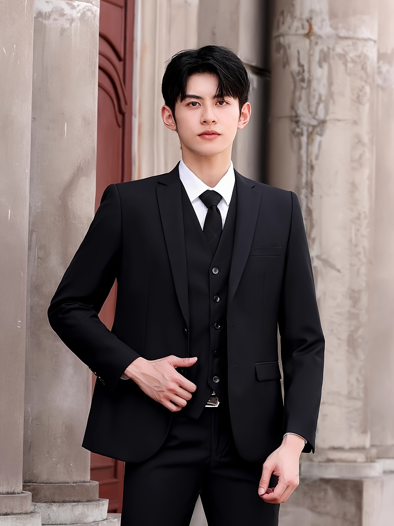 2pcs Suit Set Men's Jacket and Trousers Casual Formal Business Black Groomsmen Party Attire