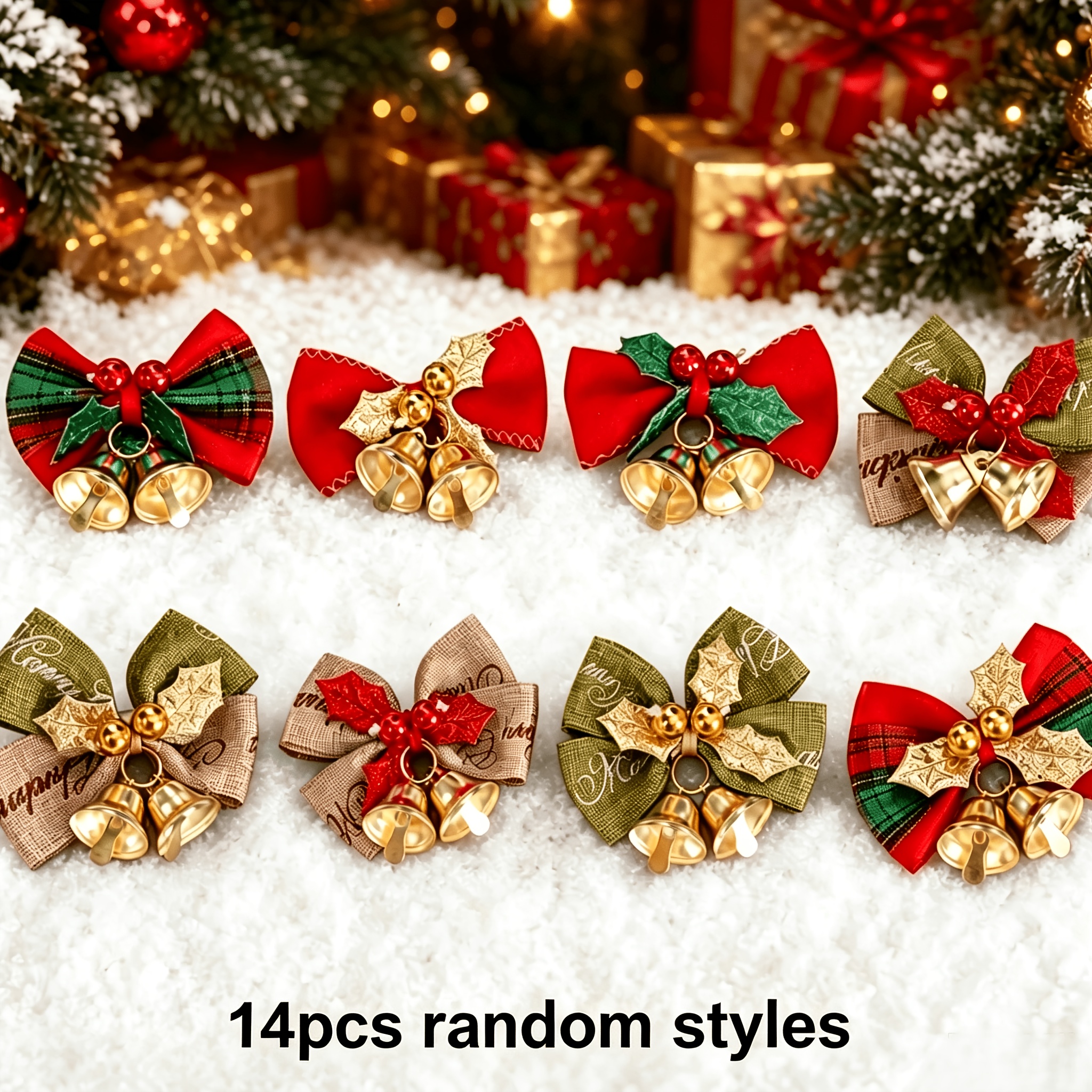 TEMU 14pcs Mini Nœuds de Noël Style Aléatoire avec Clochette, 5.08Cm | Petit Nœud pour Emballage Cadeau, Assortiment de Couleurs Rouge , Décoration