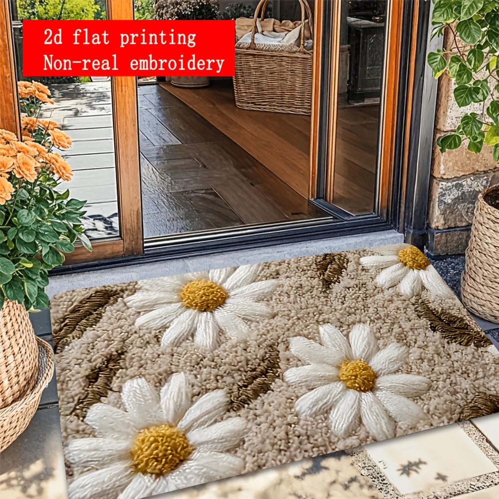 TEMU 2d Flat Printing 1pc New Beige Flannel Floor Mat With White Daisy Pattern, Non-real Embroidery, Suitable For Kitchen, Hallway, Bedroom Entrance,
