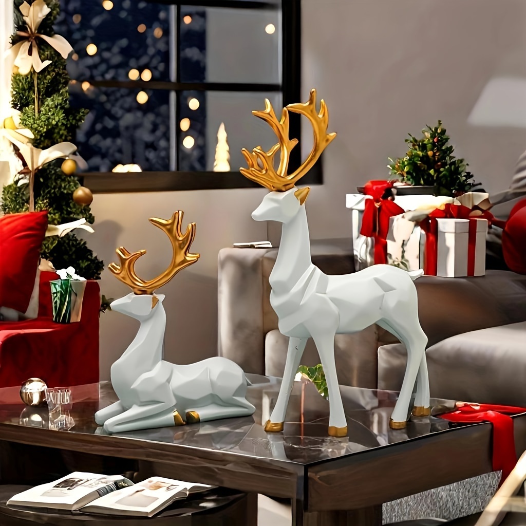 

2pcs Resin Deer Figurines - Elegant Sculptures For Christmas, Decor, Season Animal Ornaments