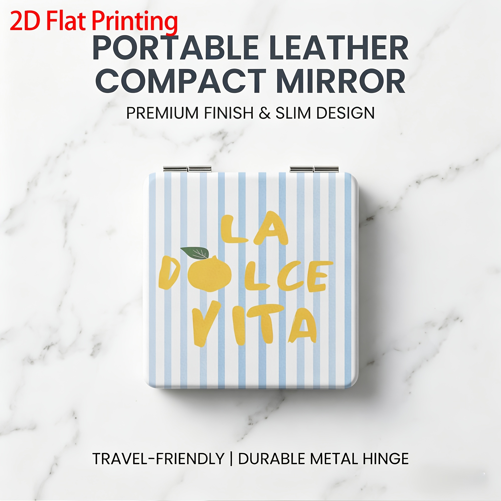 TEMU 1 pièce de maquillage de poche pliant carré à impression 2D plate, de portable à imprimé citron à rayures bleues, de retouche fin et facile à