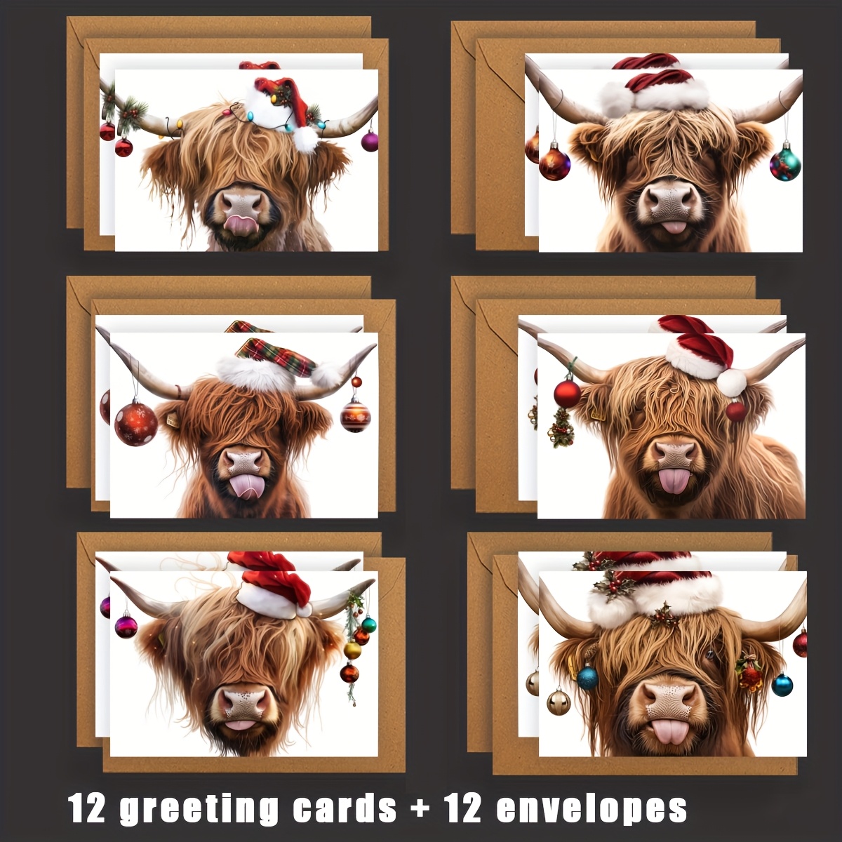 TEMU 12/24pcs Highland Cow Christmas Card Set With Scottish Cow & Santa Hat Design - Adorable Greeting Cards For, S, , Family - Sturdy Paper Holiday