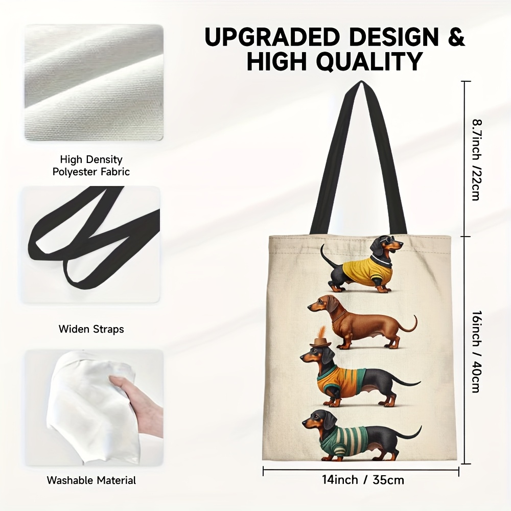 TEMU 1pc Sausage Dog Print Canvas Shopper Tote - Lightweight Polyester Reusable Grocery Bag With Cute Dachshund Design, Rectangular Shape For Easter,