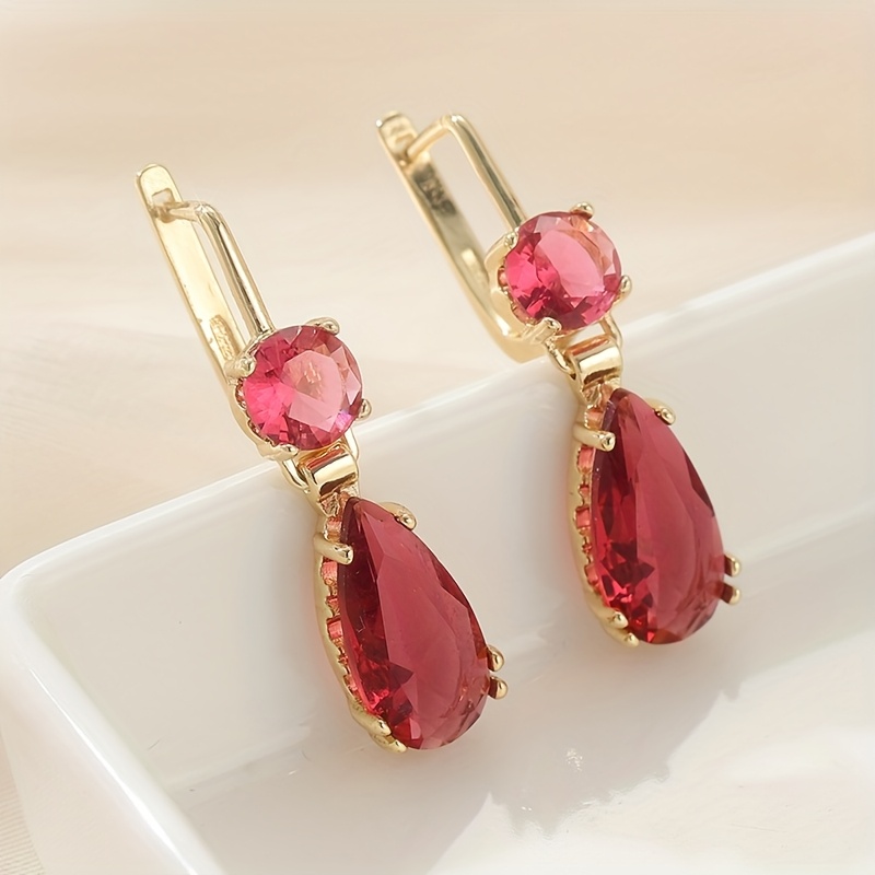 E-shop Vintage Kupfermaterial Handgefasste Rote Wassertropfen Synthetische Zirkonia Ohrringe für Damen, Bohemian-Stil Hakenförmige Anhänger Ohrringe