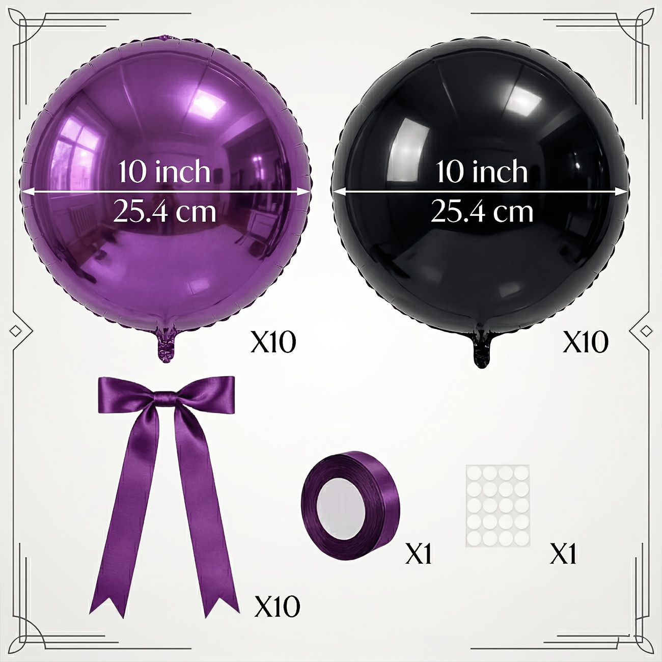 32pcs 10" Metallic Purple Black Balloons Kit, 20pcs Foil Balloons + 10 Bows + 1 Roll Ribbon + 1 Sheet For Party Decoration