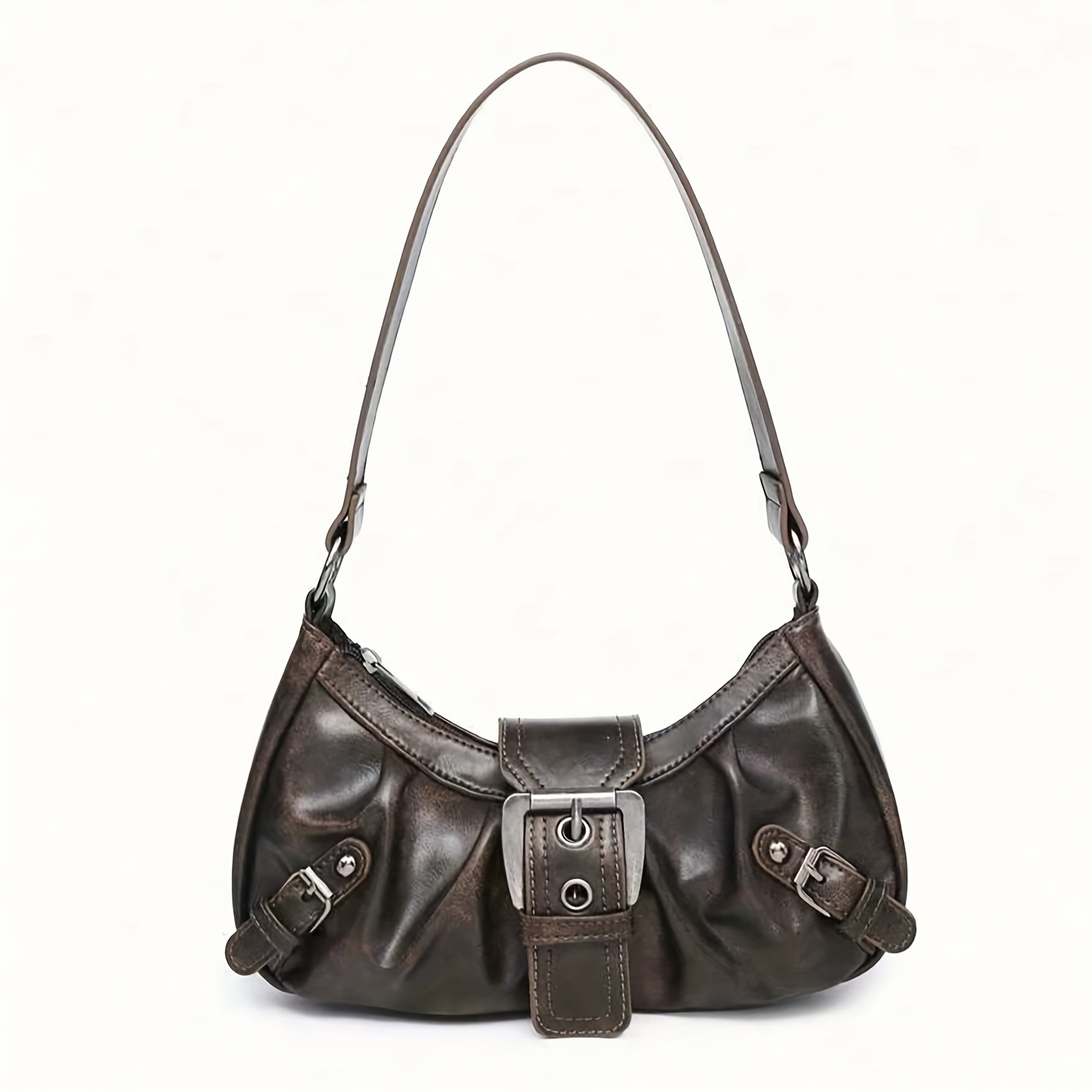 

Y2k-inspired Brown Faux Leather Shoulder Bag With Adjustable Strap - Chic Pleated Design, Zip Closure