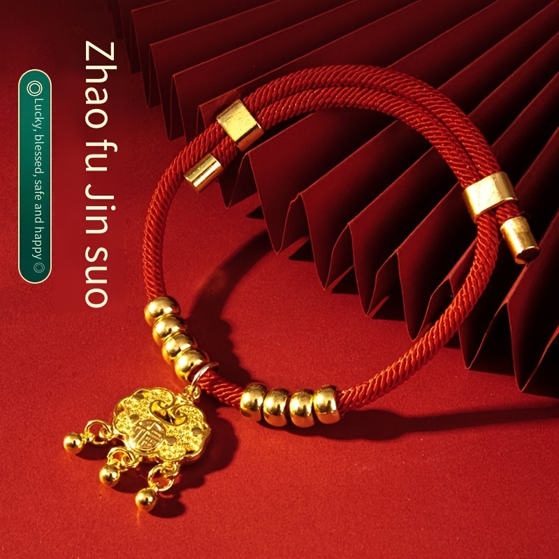 Charm Adjustable Pet Necklace, Polyamide Red Cord with Gold-Tone Beads,  Festive Lock Collar for Cats and Small Dogs, Traditional Chine