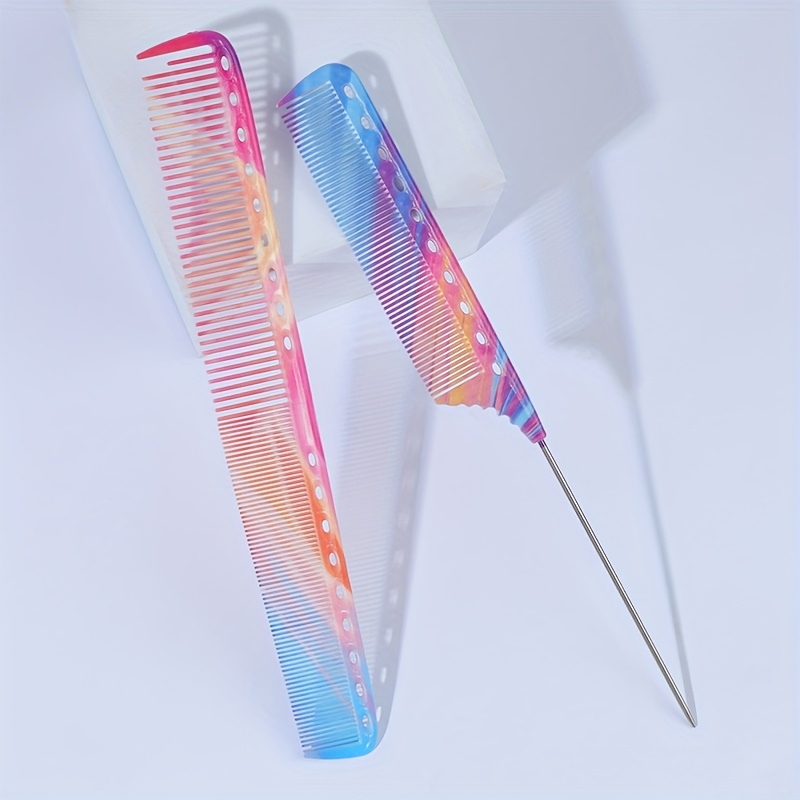 TEMU 2pcs Double-sided Steel Pin Combs - Anti-static Knot- Styling & Brushing Combs With Multicolor Gradient Patterns, Plastic Detangling Combs For