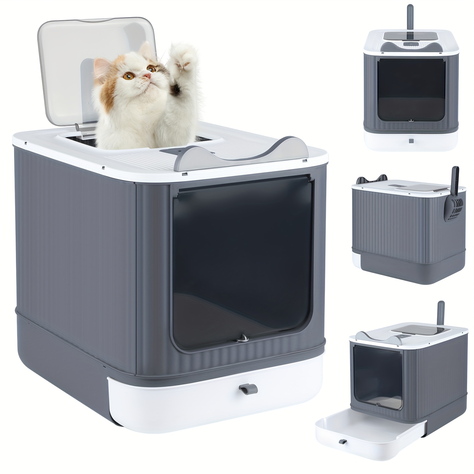Image of Enclosed Cat Litter Box With Lid | Covered Cat Toilet For Small Spaces | 35x45x37cm Large Design, Includes Scoop | Low-tracking, Easy-clean For Apartments & Homes