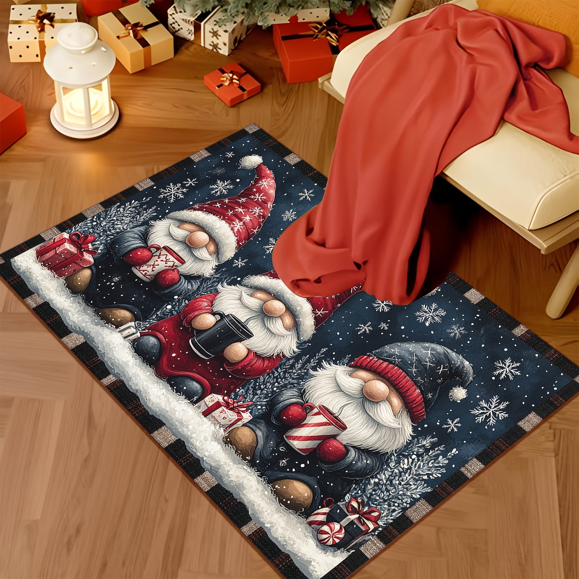 1pc festive christmas gnome doormat non slip washable polyester with rubber backing machine made rectangular welcome mat for home decor lightweight xmas floor mat with dual edging ideal christmas gift details 10