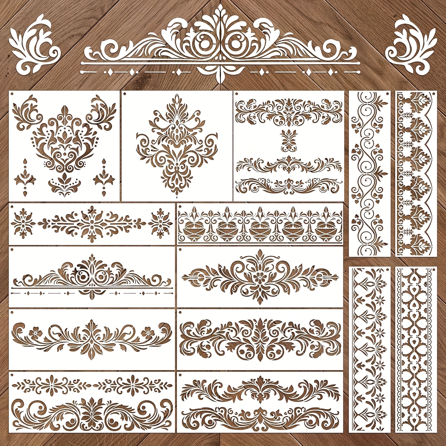 TEMU 15pcs Floral Border Stencils For Painting - Reusable Polyethylene Terephthalate (pet) Stencils With Intricate Floral Designs For Crafts, Wall