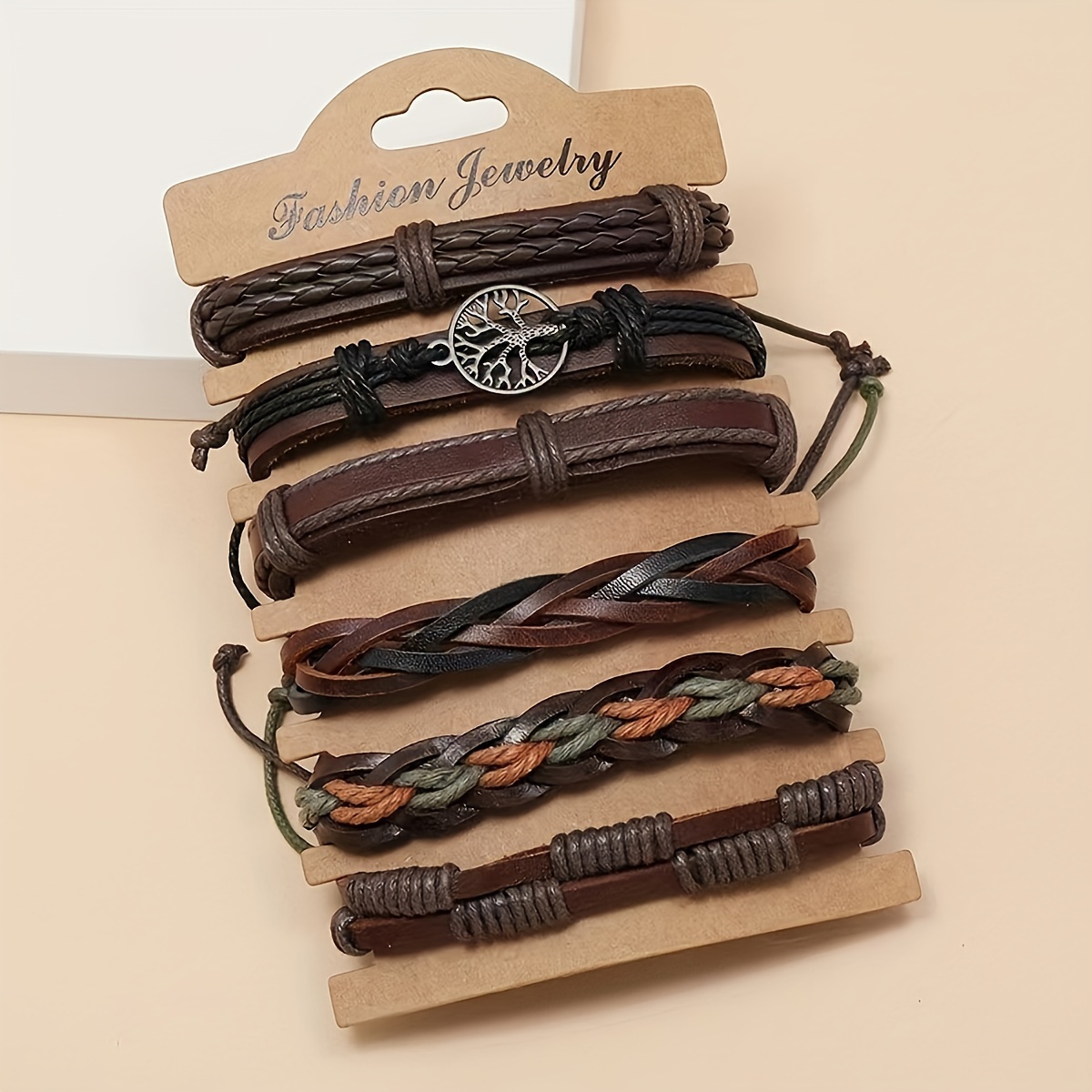 TEMU Fashionable 6pcs Set Leather Bracelets For Men, Retro Hand-woven Cowhide, Non-magnetic With Alloy Pendant, Diy Fashion Wristband, European And Jewelry Accessories - No Plating