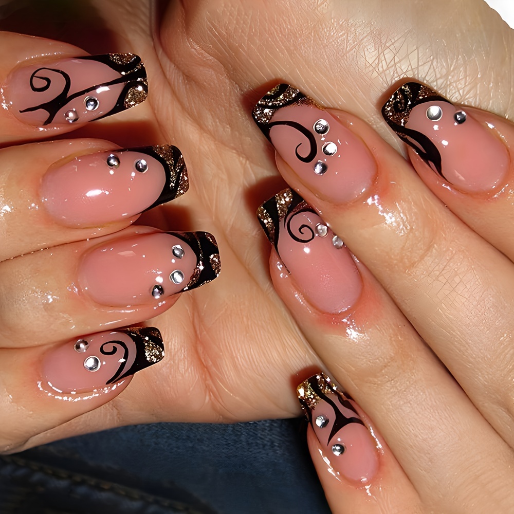 

24 Pcs Glossy Press On Nails Short-t Fake Nails Pink And Black Stripe Nails Glitter Artificial Reusabe False With Rhinestone Nails For Women And Girl