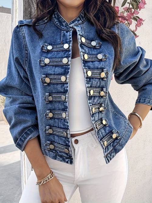 womens lapel jacket button front symmetrically buttons non sheer denim like texture for everyday formal outfits wardrobe essential autumn layering piece sophisticated tailoring spring fashion stylish outerwear premium long sleeve outerwear office wear