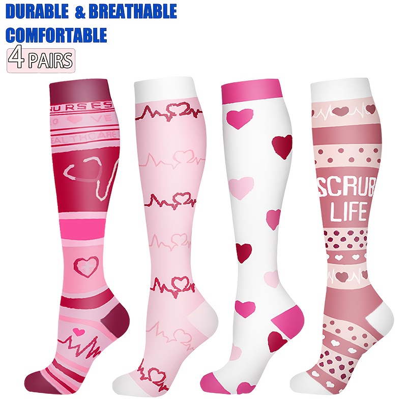 Image of 4 Pairs Of Pattern Compression Socks For Men And Women, Knee Length Breathable Sports Socks For Running, Cycling, Pregnancy, Travel Support, Calf Socks Suitable For Gifts
