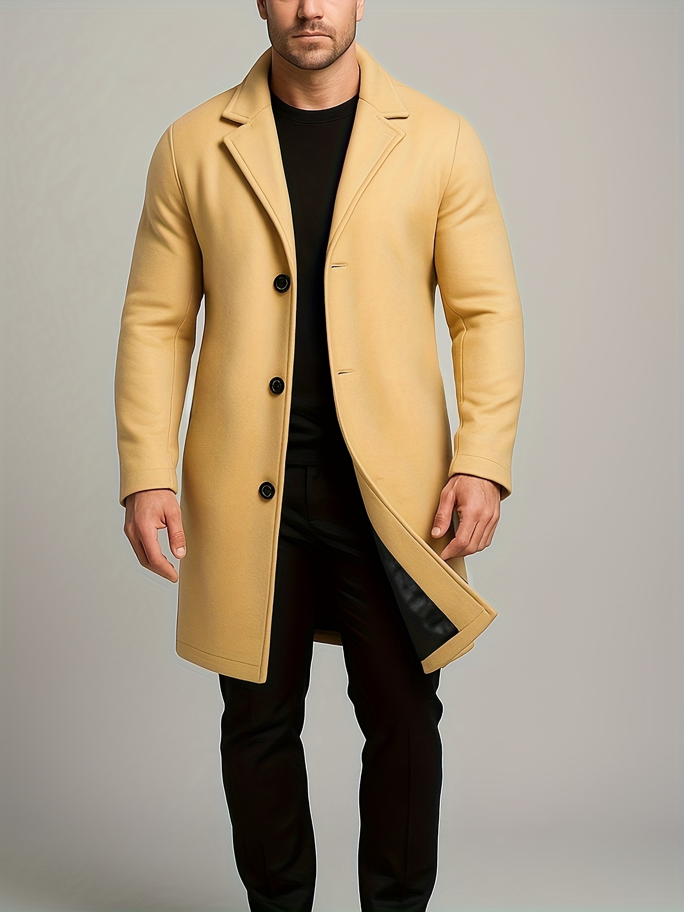 mens   length single breasted tweed overcoat mens solid color trench coat Product details 0