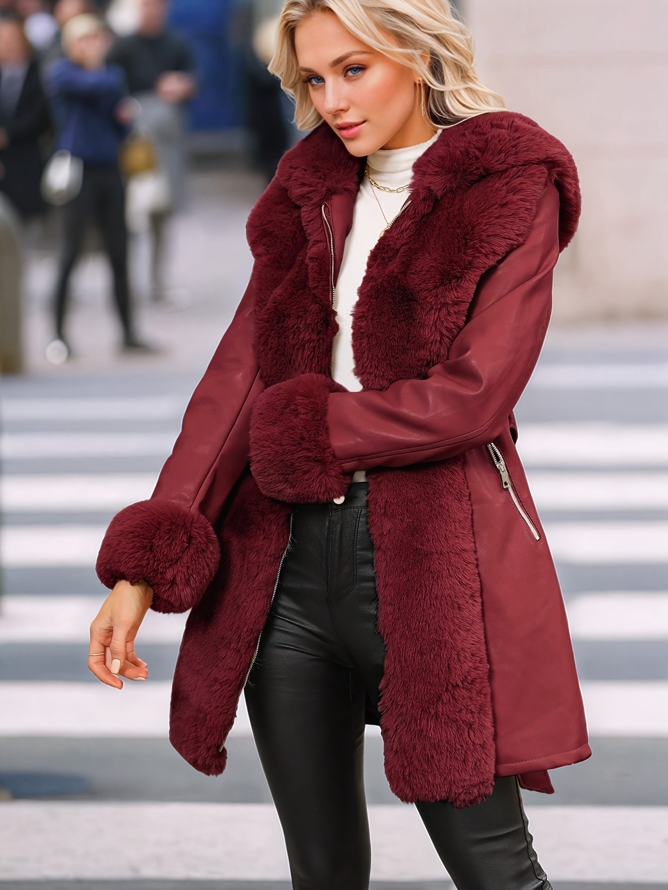 veste en similicuir à bordure en fausse fourrure Temu Belgium