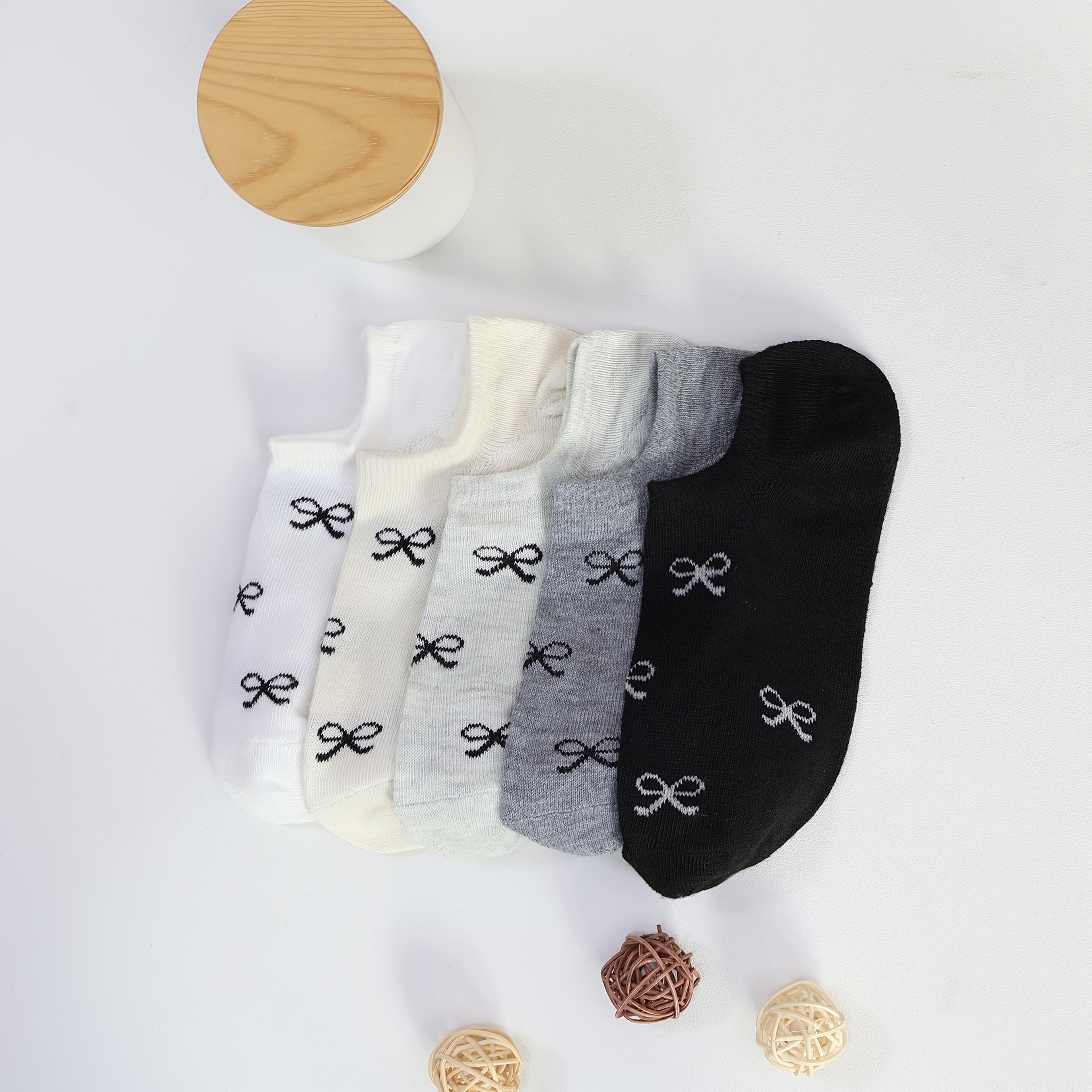 TEMU 5-Pack Damen Bequeme Modische Casual Weiße Schleifen--Socken