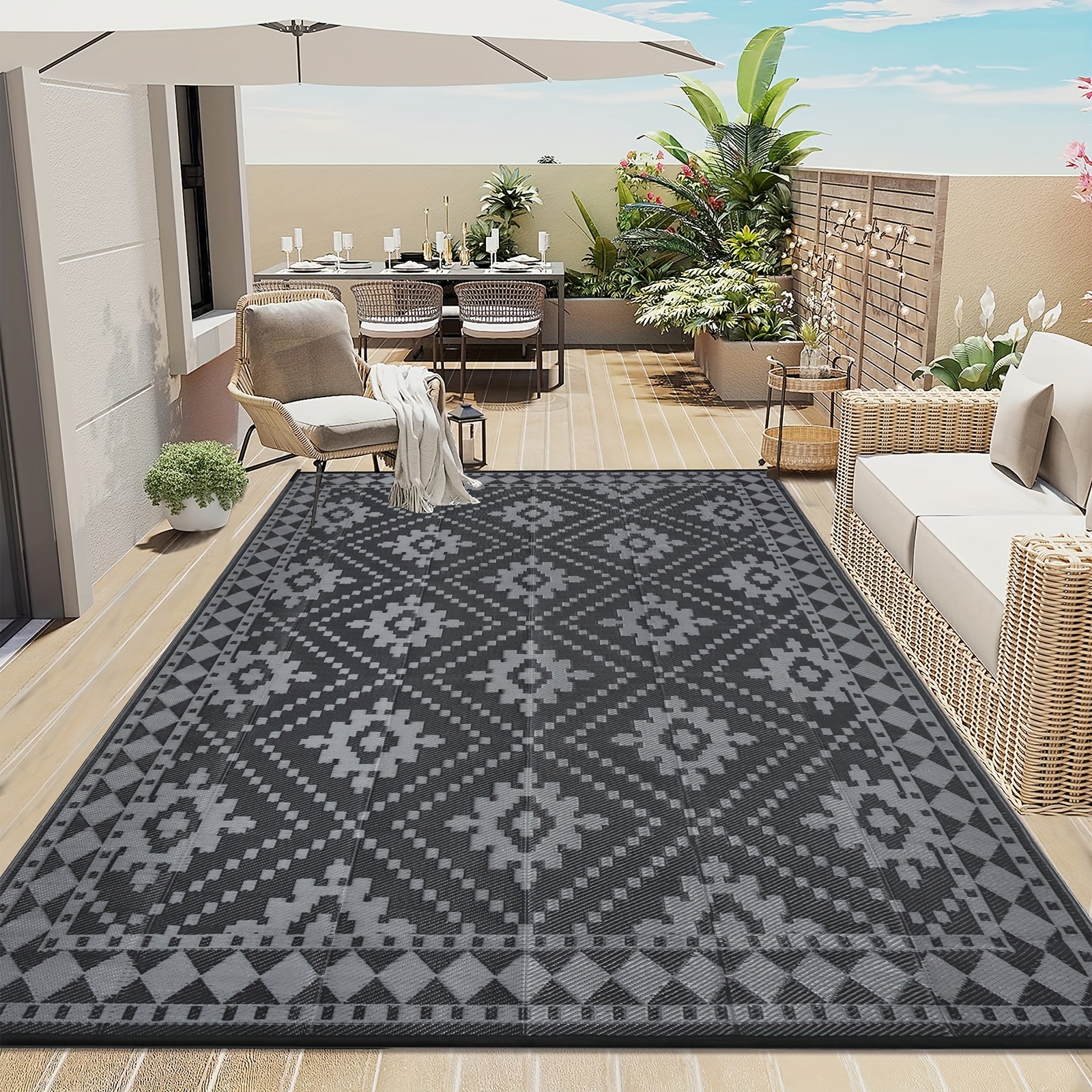 Image of Outdoor Mat, Balcony Camping Rugs Plastic Reversible Lightweight Outdoor Mat For Patio Garden Balcony Indoor Outdoor