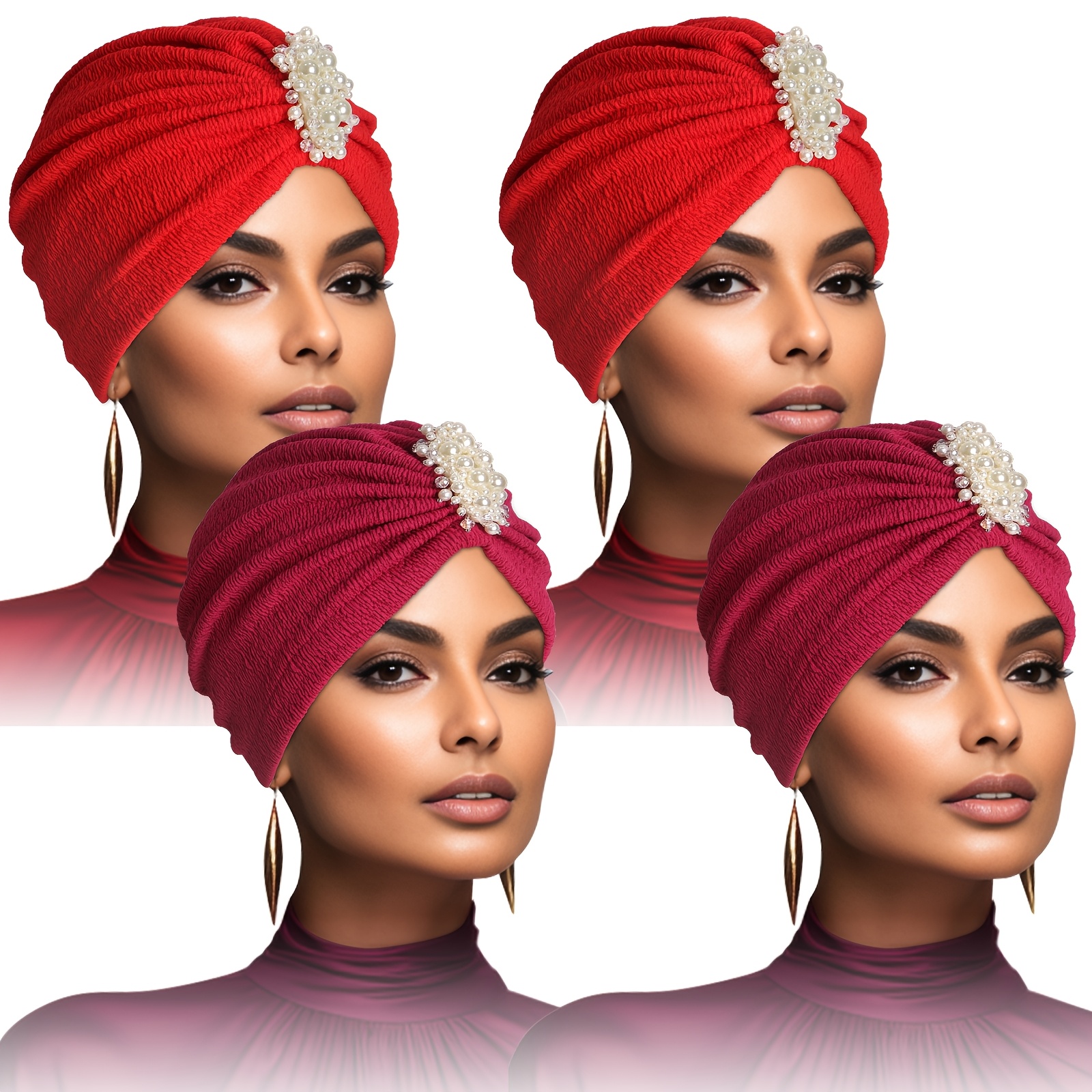 set 4 elegant womens headscarves pearl decoration embossed  display picture 2