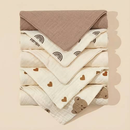 5pcs soft pure cotton washcloths with beautiful printed patterns of solid color and printed washcloths used as face towels hot compress towels drool towels feeding towels and burp cloths features colorfastness and is
