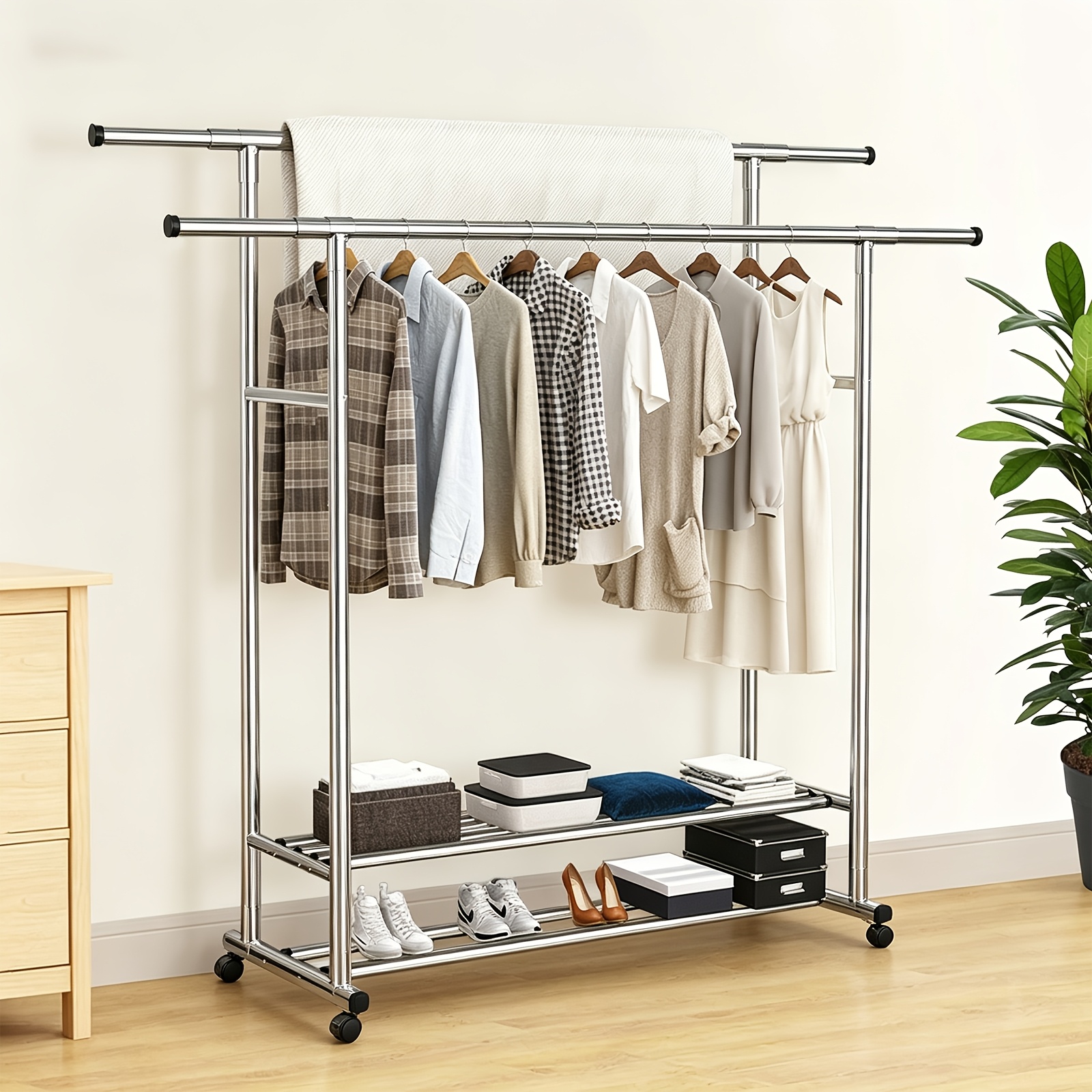 Double-pole Stainless Steel Clothes Rack With Roller Double-layer Storage Floor Drying Rack Bedroom Large-capacity Storage Rack, Standing Shelf