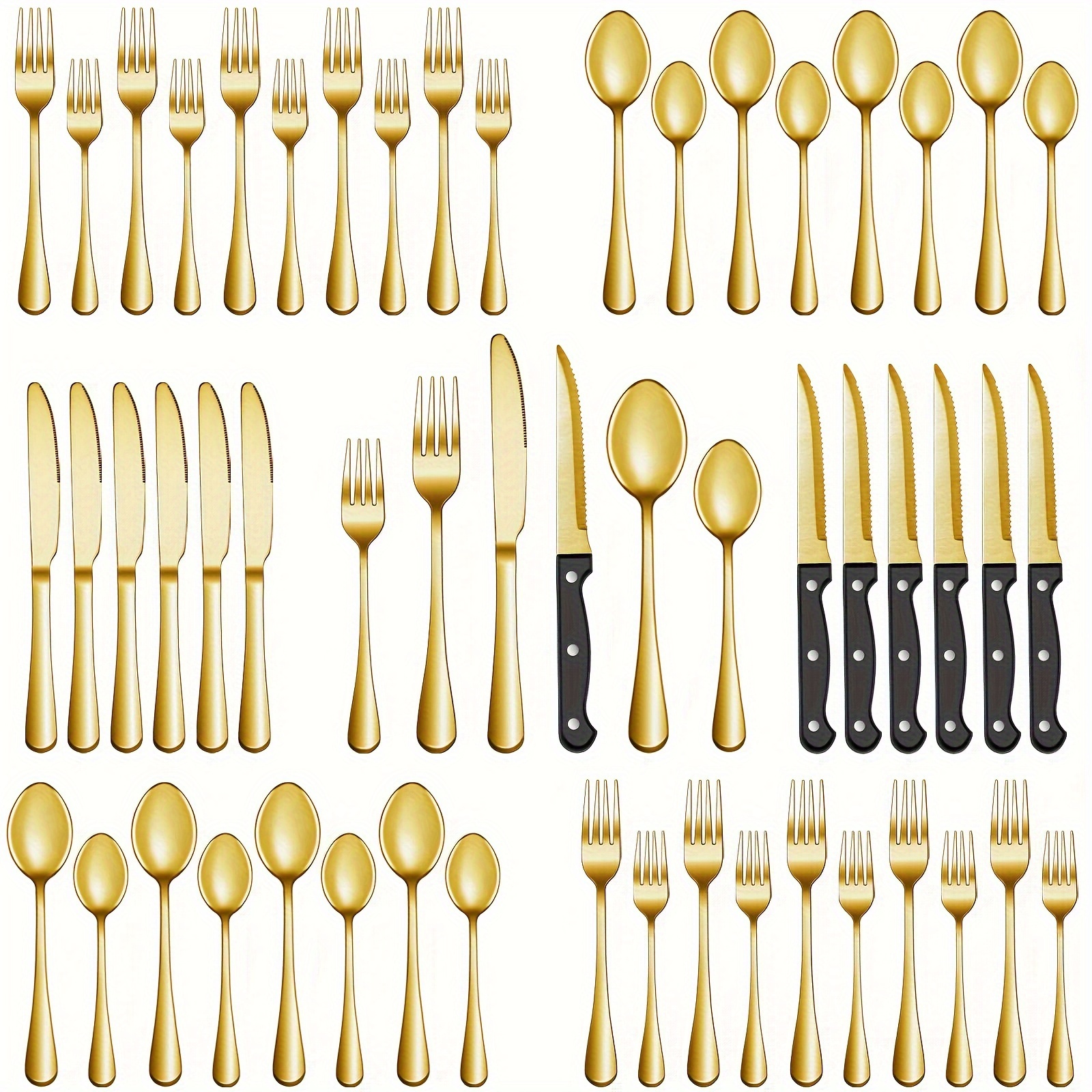 

48pcs Golden Knife, Fork And Spoon Set, Steak Knife For 8 People, Stainless Steel Tableware Set, Kitchen Tableware Set, Home And Restaurant Utensil Set, Knife, Fork, Spoon Set, Dishwasher Safe