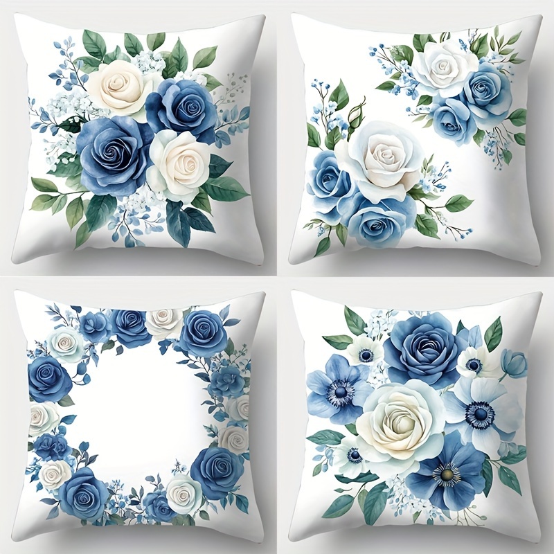 

Floral Throw Pillow Covers Set Of 4 - Contemporary Blue And White , Soft Polyester Fabric With Zipper Closure, Hand Wash Only Woven Cushion Cases For Living Room Decor - 45cm X 45cm