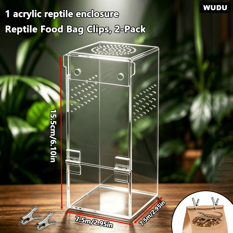 TEMU 3pcs Set - 1 + 2 Reptile Food Bag Clips, Multi-functional Acrylic Reptile Terrarium, Breathable, Ventilated, Escape-proof Reptile Habitat,