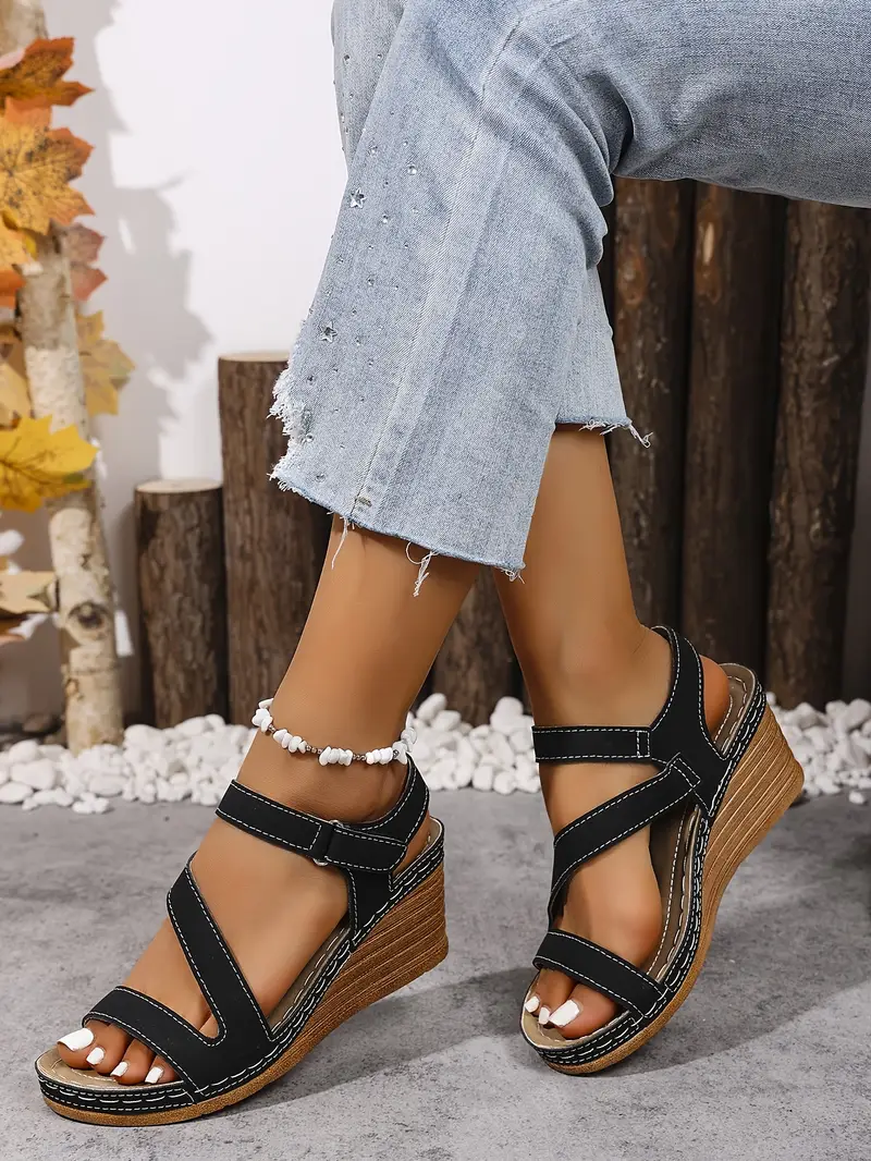 womens summer wedge sandals with adjustable hook and loop straps open toe high heel breathable cover pu sole black casual to dressy footwear chunky heel sandals versatile fashion shoes opentoe footwear Product details 18