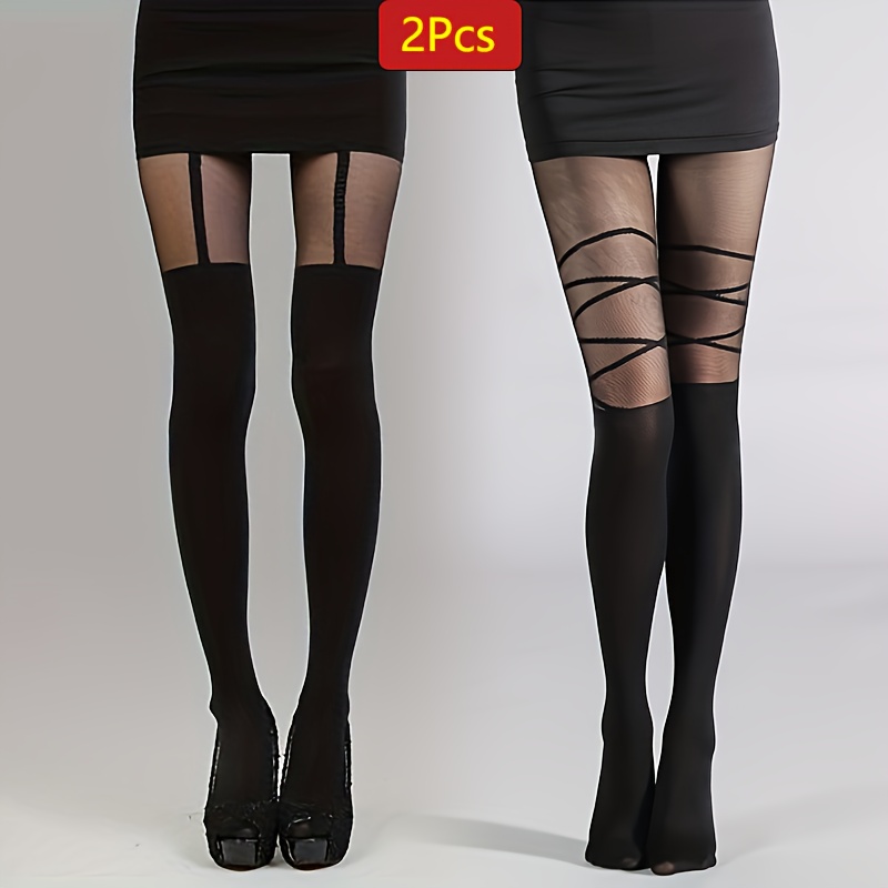 2-pack Black Stockings Women's Autumn And Winter Thin Fake Suspender Striped Fake Over-the-knee Everyday Versatile Pantyhose