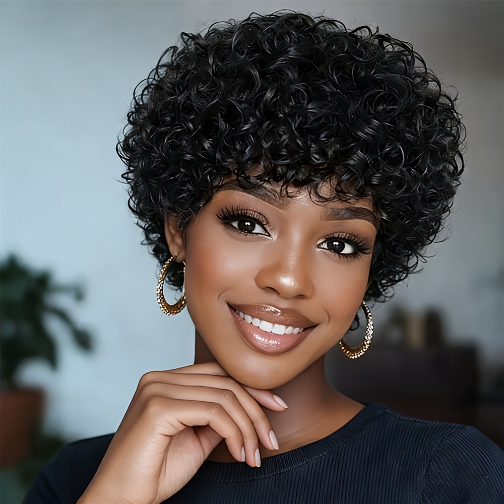 Image of Short Cut Wig Human Hair Afro Curly/kinky With Bangs - Black 200% Density African Style Wig Suitable For All Light Beige Tones & Daily Wear