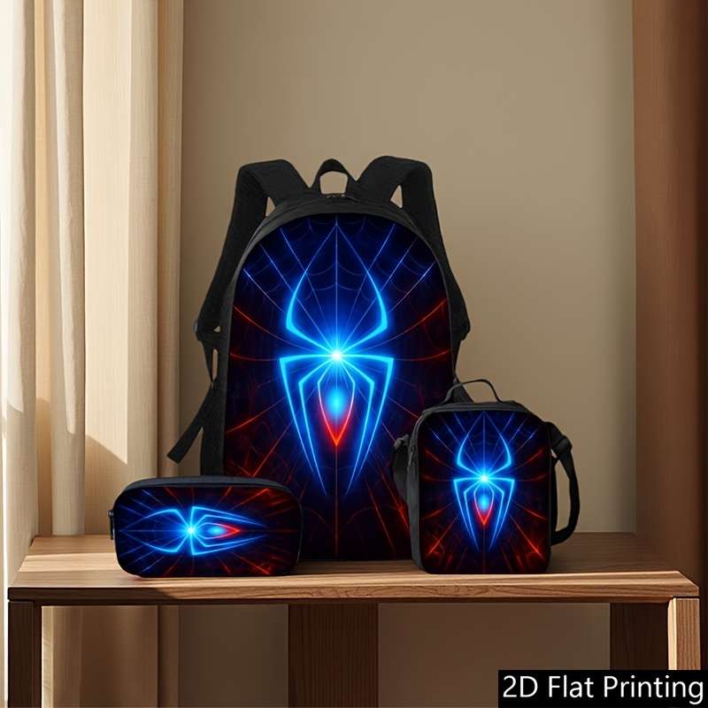 TEMU Cool Tech Style Backpack 3pcs Set, Including Large Capacity Backpack, Portable Crossbody Bag, And Long Pencil Case, All Featuring Blue And Red