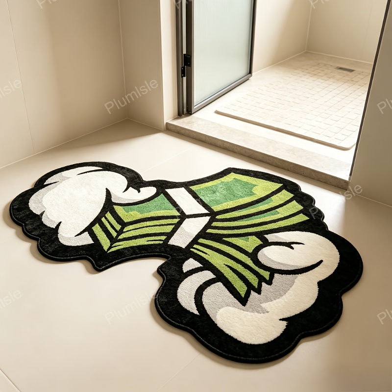 TEMU Velvet 900g+9mm 1pc Creative Funny " And Clouds" Irregular Washable Carpet Cartoon Hand-holding Money Bathroom Toilet Entrance Non-slip Carpet