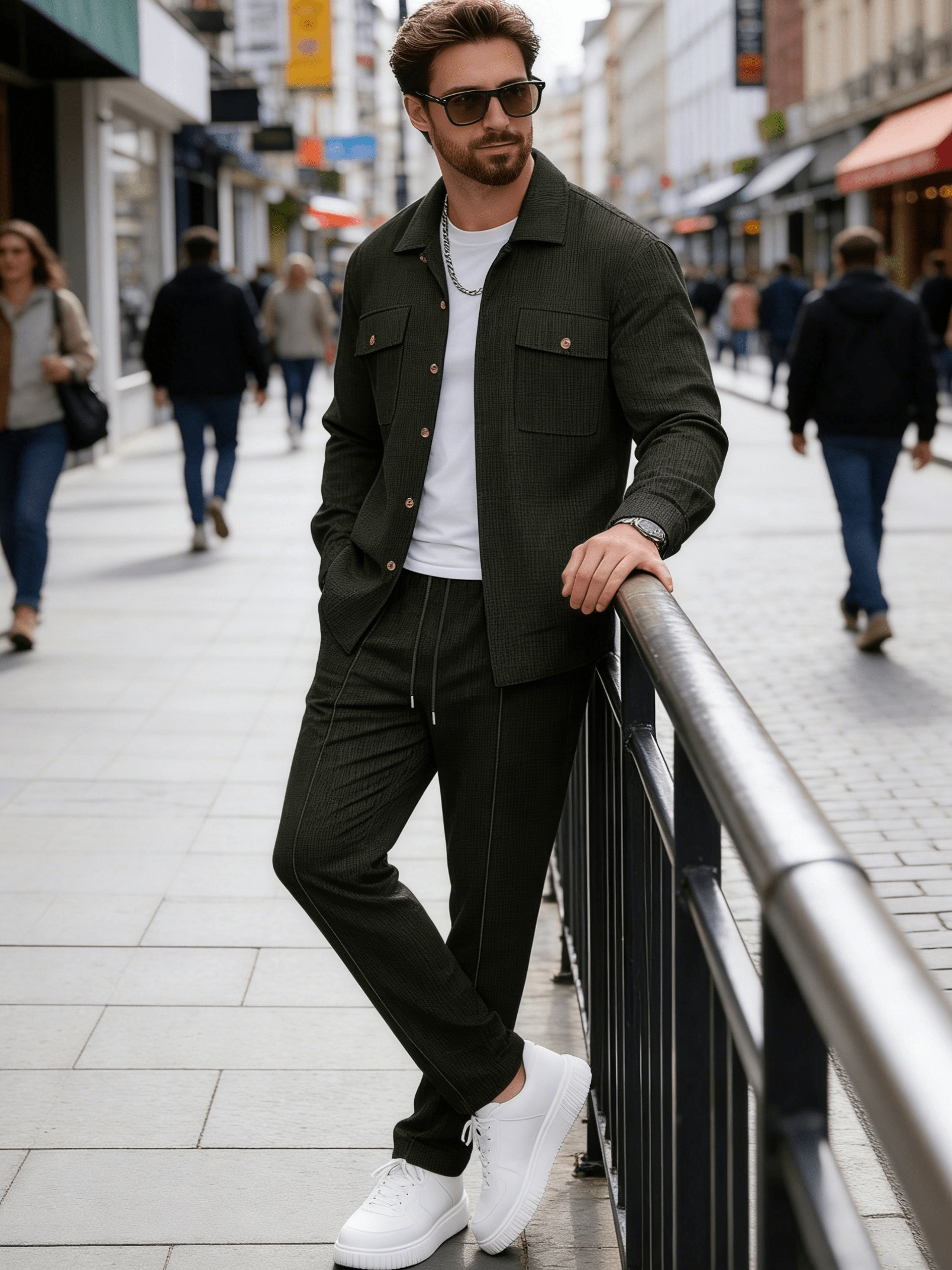 spring autumn mens waffle knit long sleeve set fashionable casual cardigan set button decorated sporty top jacket mens 2pcs set top pants