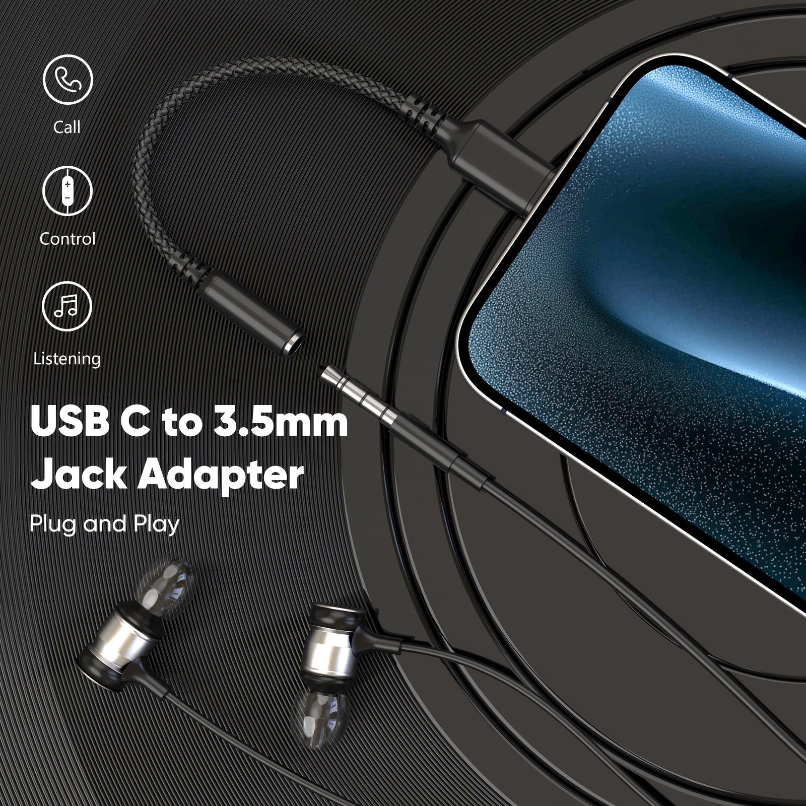 TEMU Adaptador de teléfono de 0.33 pies/0.1 metros de Tipo-C a 3.5 mm, Negro//Azul/, Multicolor Disponible, Adaptador de Audio Premium, Conector de