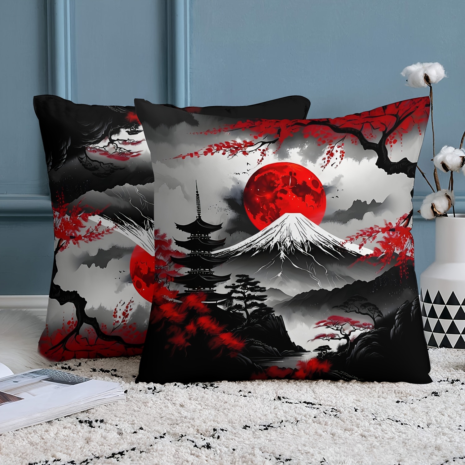 TEMU Set Of 2, Stylish Japanese Retro Landscape Pattern Pillowcases, Made Of High-quality Short Plush, Fashionable Design, Double-sided Printing, 18