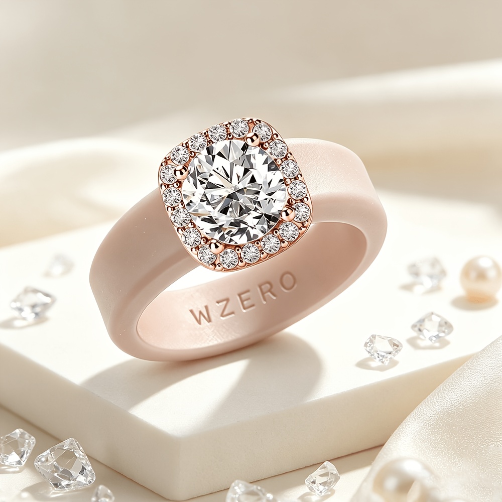 TEMU 1pc Women's Hypoallergenic Silicone Engagement Ring With 3a Zirconia Halo Inlay & Four-prong Setting, Stretchy Non-constricting Wedding Band