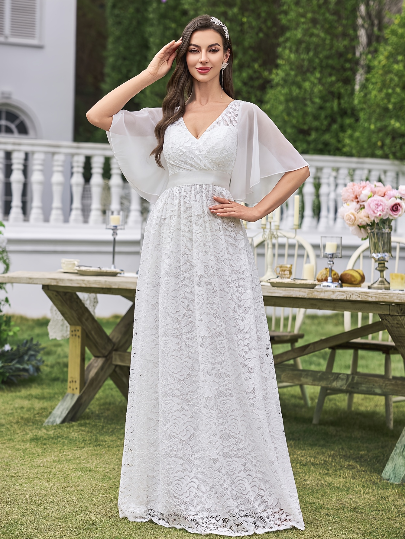 womens front back v neck chiffon lace sleeve
