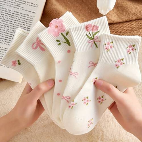 5pairs kids floral print ankle socks white pink ribbed elastic cuff breathable spring summer casual socks machine washable casual attire novelty socks comfortable footwear feminine sock design