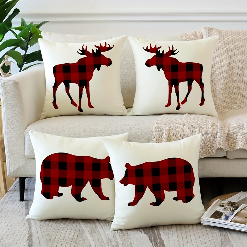 

Mid-century Style Throw Pillow Covers Set Of 4, Geometric-pattern Polyester, Machine Washable With Zipper Closure For Room Types, 18x18 Inches - Woven Fabric, Red Reindeer &