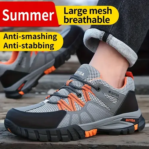 mens breathable mesh work shoes comfortable durable anti slip safety sneakers with toe rubber sole for outdoor hiking and casual orange hiking gear