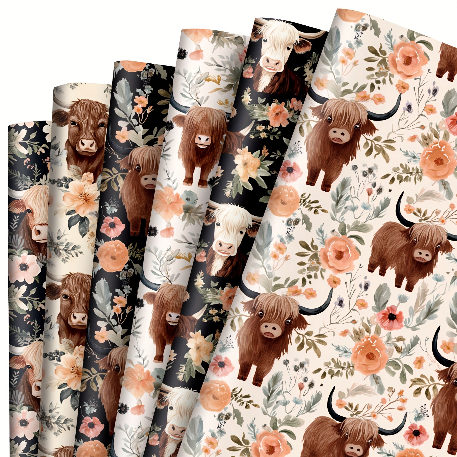 

12 Sheet Watercolor Yak Wrapping Paper - 6 Designs, Gift Wrap Paper, Bulk Floral Cow, Folded Flat, Decorative Craft, Art Paper For Yak Theme, Birthday, Baby Shower, Diy Craft, Gift Wrapping Supplies