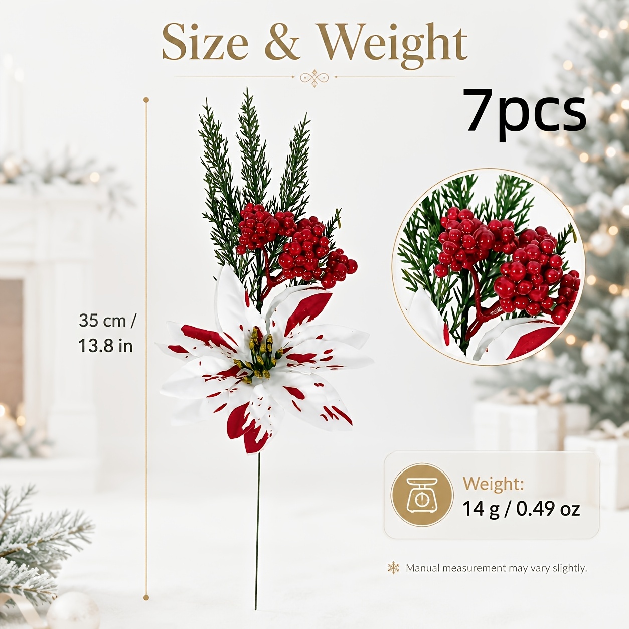 TEMU Lot de 7 grandes branches de Noël blanches et rouges de style de 35 cm avec des grappes de rouges denses et des branches d'arbres verts, tiges