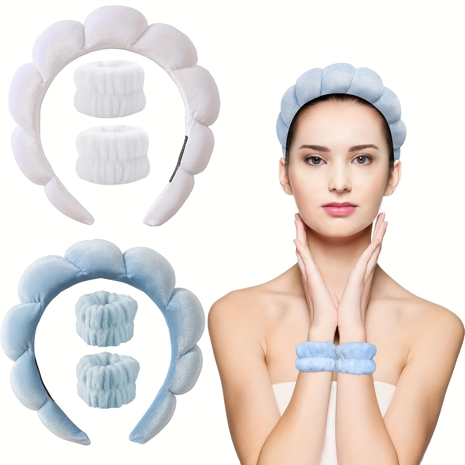 

3pc Solid Color Accessories Kit Cloud Shaped Non Slip Head Band Plush Hair Hoop Water Absorbent Wrist Band For Women And Girls Wear