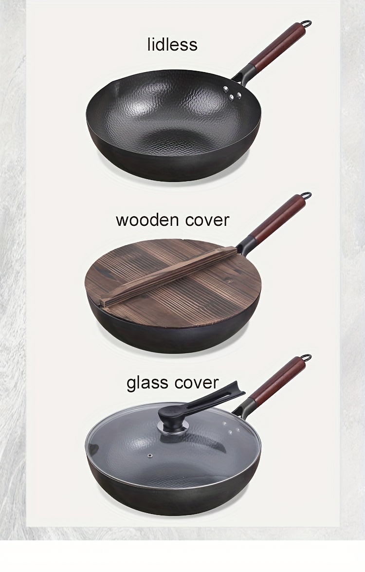 traditional   iron wok   pan with wooden lid 32cm 12 6in non coated non stick hand wash   iron handle compatible with   non induction cooktops details 5