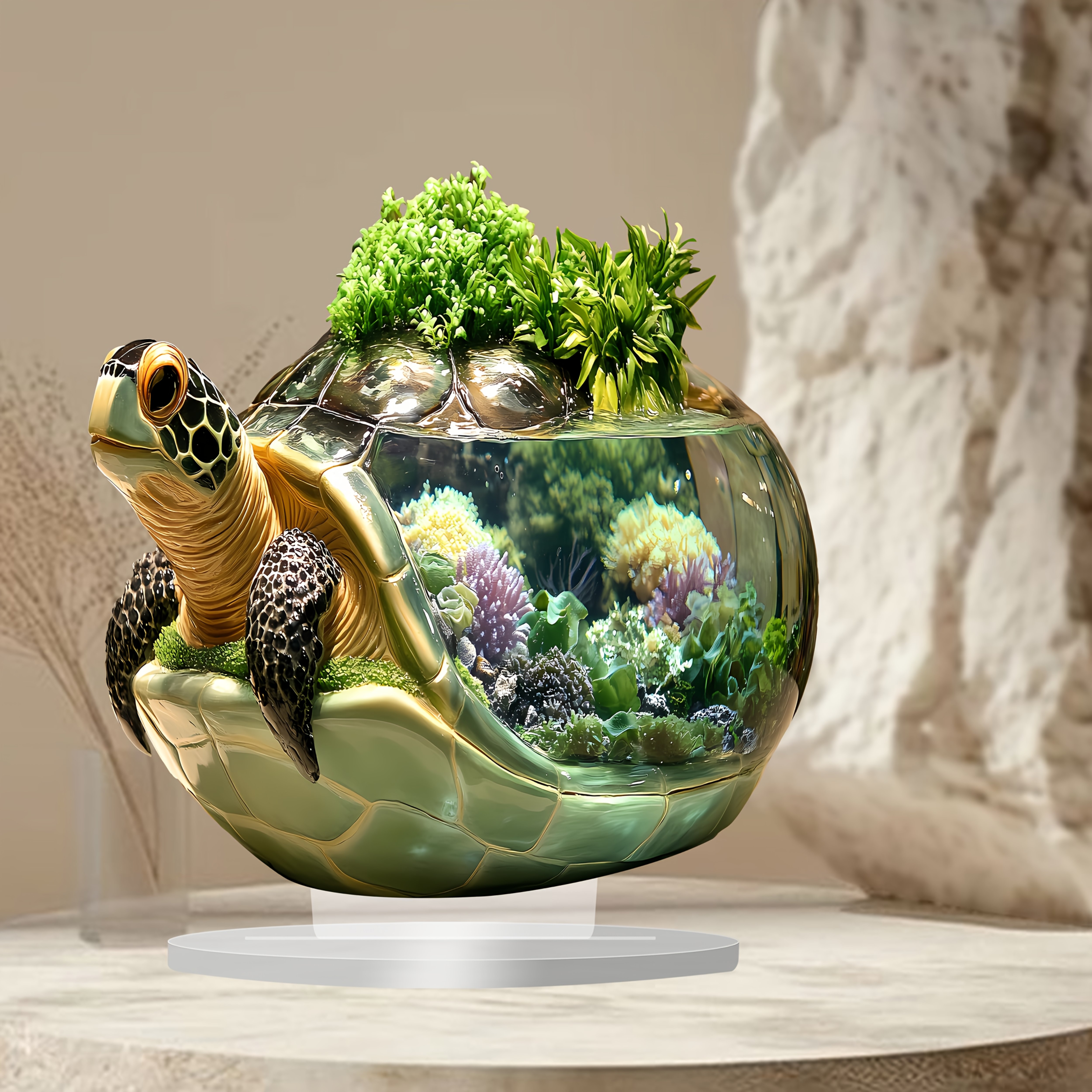 

2d Flat 1pc Boho Style Acrylic Sea Turtle Eco Aquarium, 2d Plane Craft Effect, Tabletop Mounting, Multipurpose Desk/porch/room Decor, Unique Gift Idea - 9x9 Inches